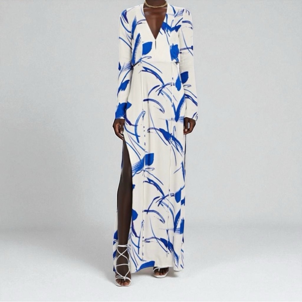 Galvan London Blue & White Silk Maxi Dress With Slit Size 4 Nwot